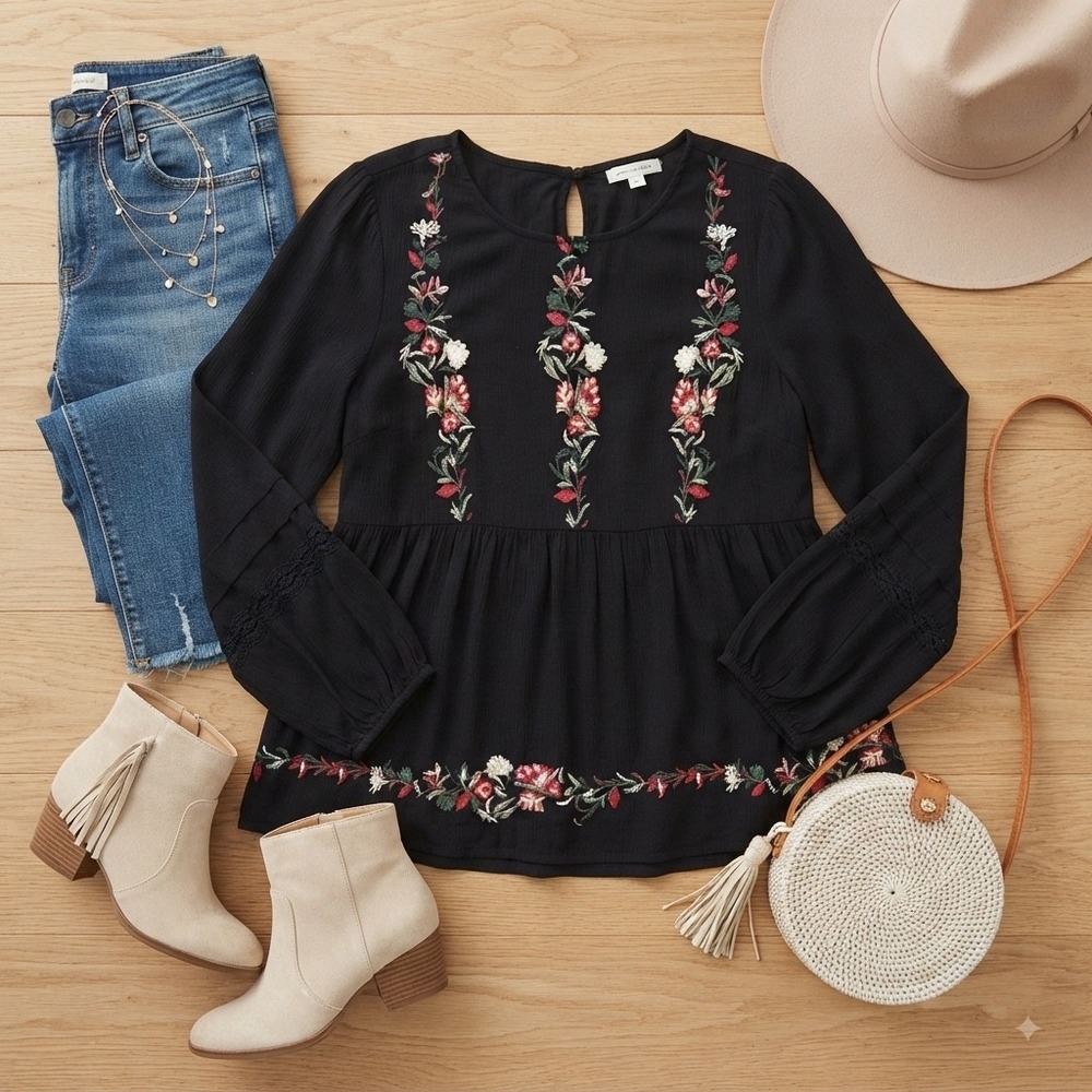 American Eagle Black Floral Embroidered Peplum Top Tie Back Lace Sleeve Blouse M